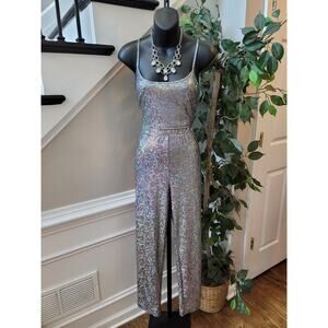 Fashion Nova Jumpsuit Women's XL Silver Metallic Sequin Sleeveless Clubwear